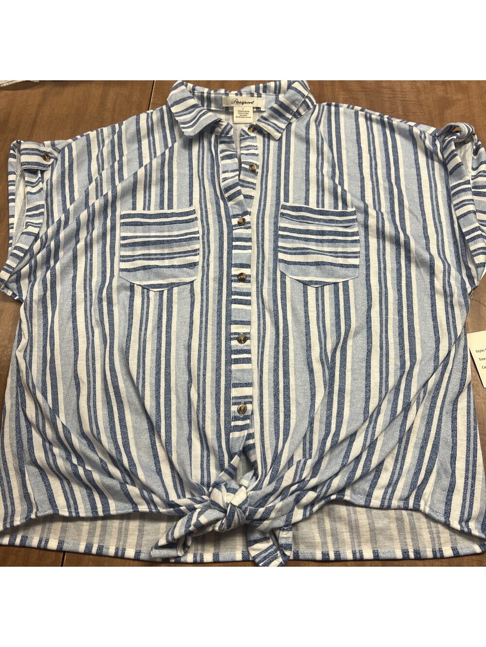 Passport Blue/White Striped Short Sleeve Collared Button Up Tie Waist Top Sz L